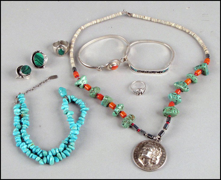 TWO MEXICAN STERLING SILVER BRACELETS.: TWO MEXICAN STERLING SILVER BRACELETS. Together with an 1880 American coin fitted as a pednant on a turquoise bead necklace, a pair of sterling silver and malachite earrings, one sterling silver and m