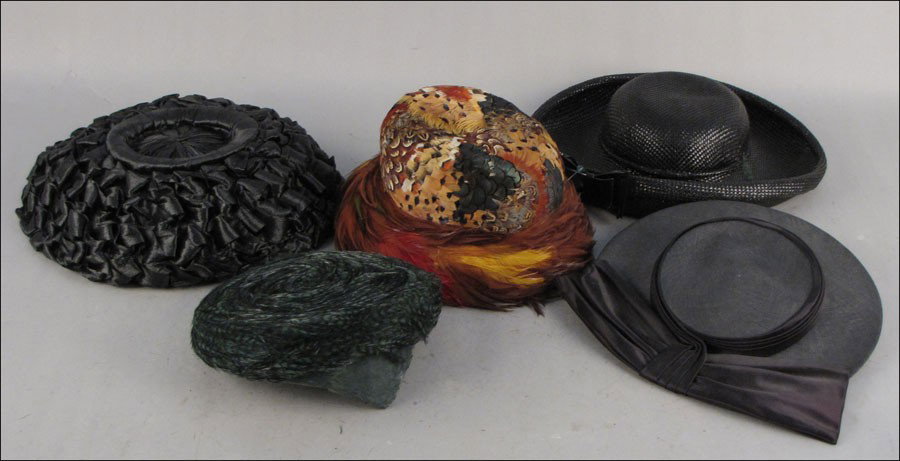 PHEASENT FEATHER HAT.: PHEASENT FEATHER HAT. Together with a Marshall Field's green feather hat, and three black hats