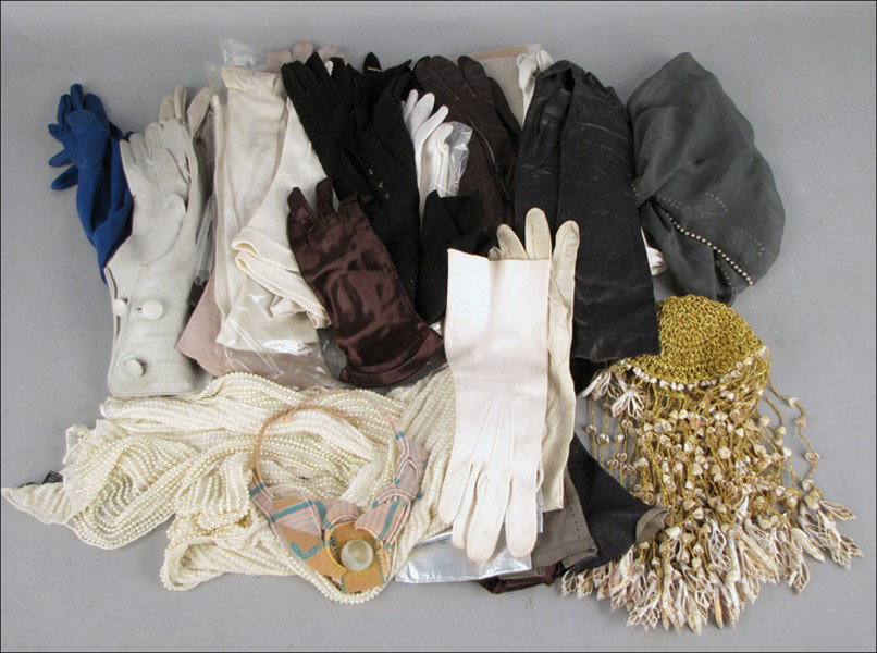 COLLECTION OF GLOVES.: COLLECTION OF GLOVES. Comprised of suede, kid leather, opera length, 3/4 length, and others. Together with a Peterman beaded scarf, gold lame and shell headdress, and other pieces