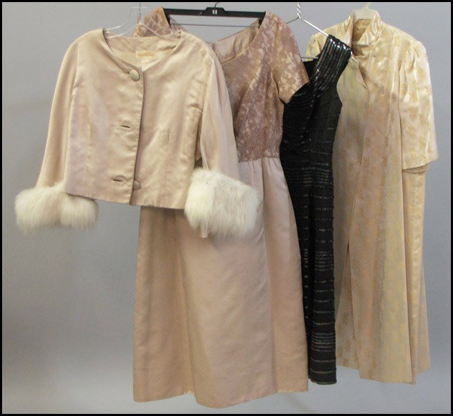 MARSHALL FIELD'S BEIGE SILK, LACE, AND FUR ENS: MARSHALL FIELD'S BEIGE SILK, LACE, AND FUR ENSEMBLE. Comprised of a cocktail dress and jacket. Together with a Nathan Strong printed silk dress and matching coat, and a black sequin cocktail dress