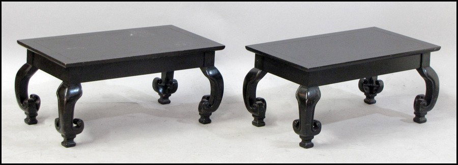 PAIR OF CHINOISERIE STYLE EBONIZED WOOD TABLES: PAIR OF CHINOISERIE STYLE EBONIZED WOOD TABLES. H: 15" W: 32" D: 18"