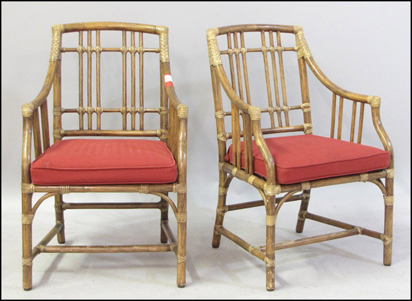 SET OF SIX MCGUIRE RATTAN ARMCHAIRS.: SET OF SIX MCGUIRE RATTAN ARMCHAIRS. All with solid red removable upholstered seats