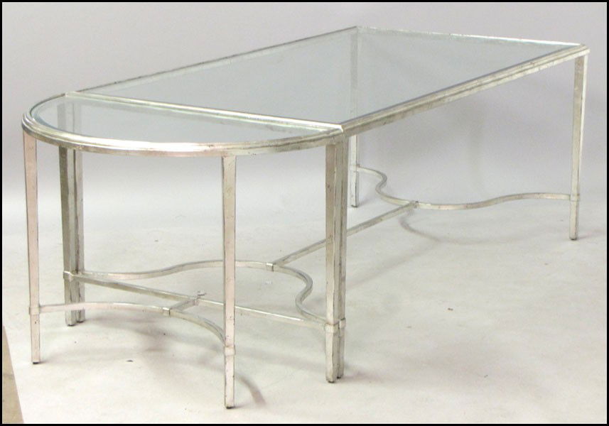 SILVER GILT METAL AND GLASS DINING TABLE.: SILVER GILT METAL AND GLASS DINING TABLE. Together with a matching silver gilt metal and glass demilune console table which can be used as an extension of the dining table Dining table: 30" x 72" x 40