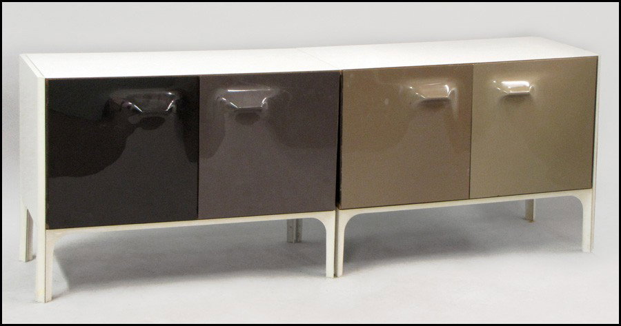 RAYMOND LOEWY DF 2000 TWO-PIECE CABINET.: RAYMOND LOEWY DF 2000 TWO-PIECE CABINET. Molded plastic, laminated wood and enameled aluminum H: 29.5" W: 40.5" D: 21.5"