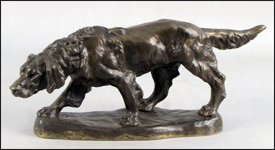 AFTER THOMAS FRANCOIS CARTIER (FRENCH, 1879-19: AFTER THOMAS FRANCOIS CARTIER (FRENCH, 1879-1943) SETTER. Bronze sculpture, signed on base H: 8" W: 19" D: 4"