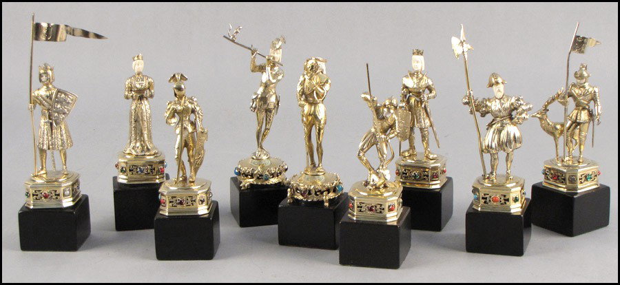 SET OF NINE GERMAN GILT STERLING SILVER HISTOR: SET OF NINE GERMAN GILT STERLING SILVER HISTORICAL FIGURES. Comprised of Philip I Duke of Burgundy, Maria Duchess of Burgundy, King Arthur, Theoderich the Great of the East Goths, St. George, St. Hube
