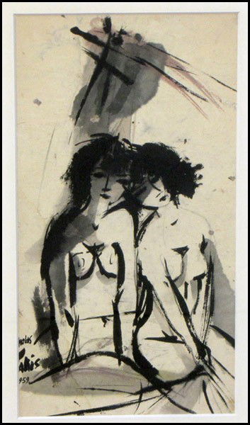 NICHOLAS TAKIS (1903-1964) NUDE FIGURES, 1959.: NICHOLAS TAKIS (1903-1964) NUDE FIGURES, 1959. Mixed media on paper, signed and dated lower left; Frame: 26.75" x 17.50" 18.75" x 10"