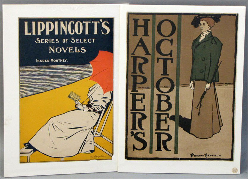EDWARD PENFIELD & WILL CARQUEVILLE TWO POSTERS: EDWARD PENFIELD & WILL CARQUEVILLE TWO POSTERS: HARPER'S & LIPPINCOTT'S. Edward Penfield (1866-1925): Harper's October, 1897 [Kiehl 201] (19.50" x 14.4"). Will Carqueville (1871-1946): Lippincott's Se