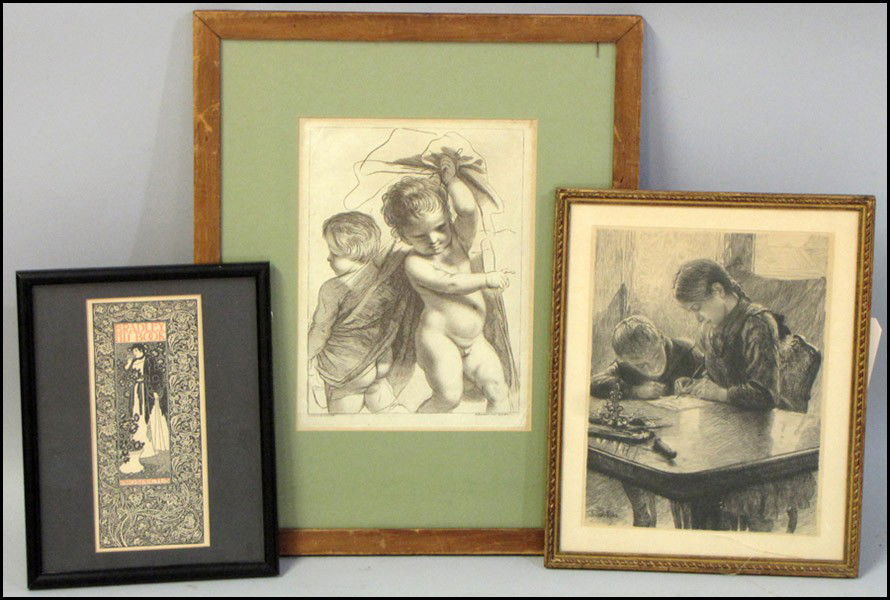 GROUP OF THREE FRAMED PRINTS.: GROUP OF THREE FRAMED PRINTS. Franz Skarbina (1849-1910): Drawing Lesson, etching, signed in plate lower left (11.50" x 9" sight). Francesco Bartolozzi (1727-1815): Two Boys, etching, after Guercino (