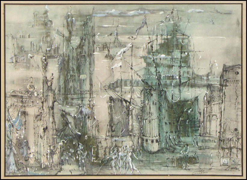 DANIEL LOURADOUR (FRENCH 1930-2007) CARNIVAL I: DANIEL LOURADOUR (FRENCH 1930-2007) CARNIVAL IN VENICE. Mixed media on paper, signed lower right; Verso: Gallery label reading in part 'Rudolf Lesch Fine Arts;' Frame: 30.50" x 37.25" 19.50" x 26.50"