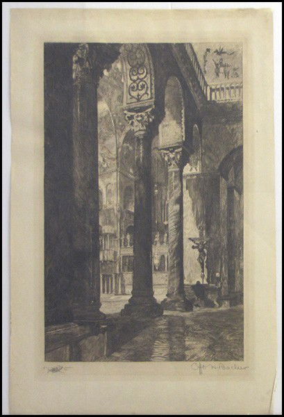 OTTO HENRY BACHER (AMERICAN, 1856-1909) INTERI: OTTO HENRY BACHER (AMERICAN, 1856-1909) INTERIOR CATHEDRAL SCENE. Etching, pencil signed LR. Loose sheet Sheet: 33" x 21"