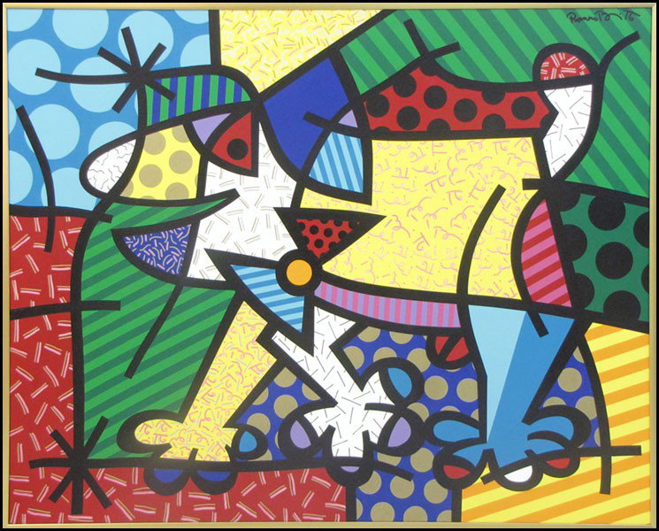 ROMERO BRITTO (BRAZILIAN, B.1963) THE SWEDISH : ROMERO BRITTO (BRAZILIAN, B.1963) THE SWEDISH DOG, 1993. Acrylic on canvas, signe upper right; Additionally signed, dated and titled on the reverse; Frame: 54.75" x 66.75" 48" x 60"
