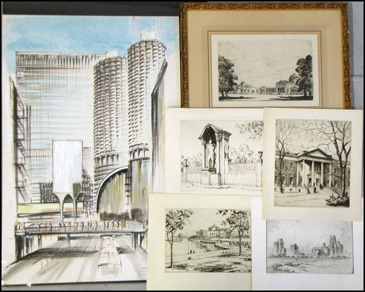 WILLIAM KENT HAGERMAN (AMERICAN, 20TH CENTURY): WILLIAM KENT HAGERMAN (AMERICAN, 20TH CENTURY) N.W. UNIV OF CHICAGO CAMPUS. Etching, pencil signed LR. Together with three prints depicting Chicago scenes, one framed print of Chicago, and one waterco