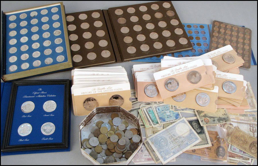 COLLECTION OF COMMEMORATIVE COINS.: COLLECTION OF COMMEMORATIVE COINS. Including Franklin Mint bronze American history coins, Bicentennial medallions, Lincoln memorial cents, and others