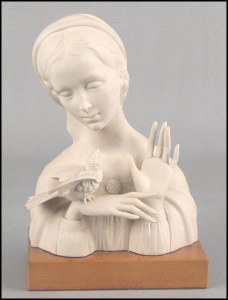 CYBIS BISQUE PORCELAIN BUST OF 'MADONNA'.: CYBIS BISQUE PORCELAIN BUST OF 'MADONNA'. Raised on a 1.5" wood base Bust height: 10"