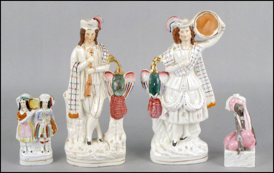 TWO ENGLISH STAFFORDSHIRE FIGURES.: TWO ENGLISH STAFFORDSHIRE FIGURES. Together with a Staffordshire figural group, one Royal Worcester porcelain figure RN809650