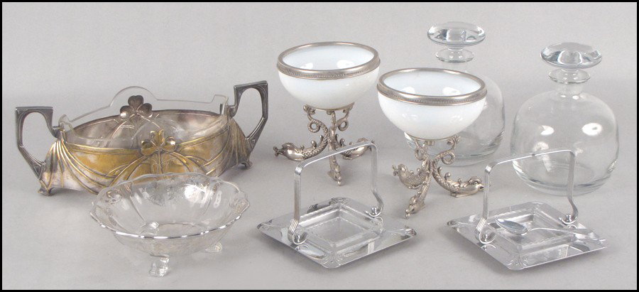 PAIR OF OPALINE GLASS COMPOTES.: PAIR OF OPALINE GLASS COMPOTES. Together with a pair of decanters, a pair of condiment servers, one low bowl, and one double handled bowl with a cut glass insert