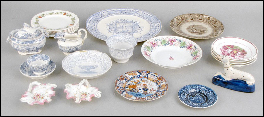 COLLECTION OF ENGLISH PORCELAIN.: COLLECTION OF ENGLISH PORCELAIN. Comprised of six Wedgwood bread plates, Mason's Ironstone, transferware, a Staffordshire dog, and one Shaw's Peruvian Horse Hunt plate