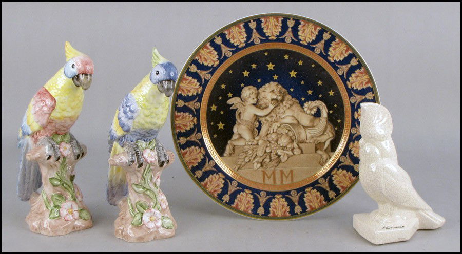 TWO ITALIAN PAINTED CERAMIC PARROTS.: TWO ITALIAN PAINTED CERAMIC PARROTS. Together with a French crackle glazed figure of a Cockatoo Height:7.75", and a Rosenthal for Versace Christmas 2000 plate Diameter:112" Height: 10.75"