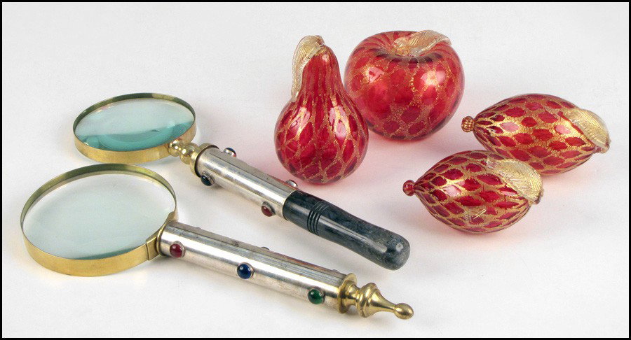 TWO BEJEWELED MAGNIFYING GLASSES.: TWO BEJEWELED MAGNIFYING GLASSES. Together with a collection of glass fruit Largest Height: 13.5"