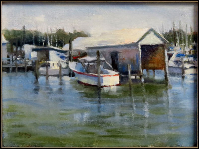 JAYNE BELLOWS (20TH CENTURY) THE HARBOR.: JAYNE BELLOWS (20TH CENTURY) THE HARBOR. Oil on canvas, laid to board. Signed LL Board: 9" x 12"