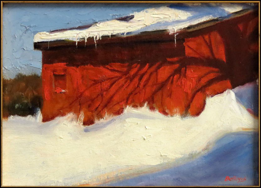 JAYNE BELLOWS (20TH CENTURY) THE SHED IN WINTE: JAYNE BELLOWS (20TH CENTURY) THE SHED IN WINTER. Oil on canvas, laid to board. Signed LR Board: 8" x 11"