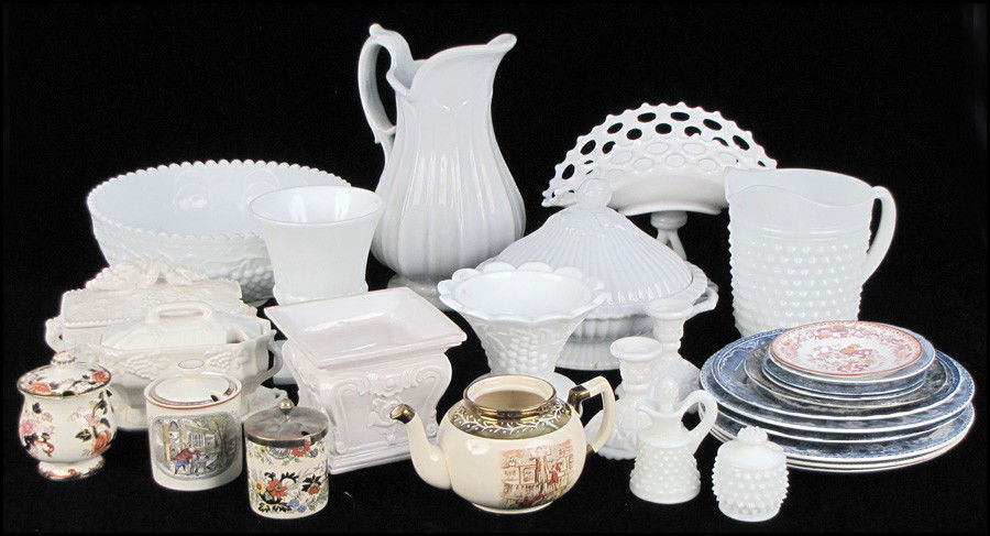 MASON'S IRONSTONE PITCHER AND COVERED SERVING: MASON'S IRONSTONE PITCHER AND COVERED SERVING DISH. Together with English transferware, American ceramics, and milk glass table articles
