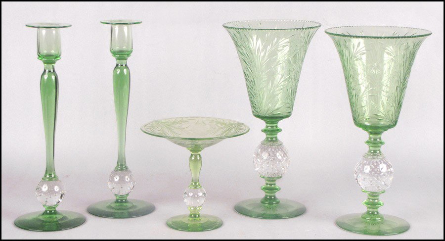 PAIR OF PAIRPOINT GREEN CRYSTAL VASES.: PAIR OF PAIRPOINT GREEN CRYSTAL VASES. Together with a pair of Pairpoint green crystal candlesticks, and a Pairpoint green crystal compote Vase height: 12"