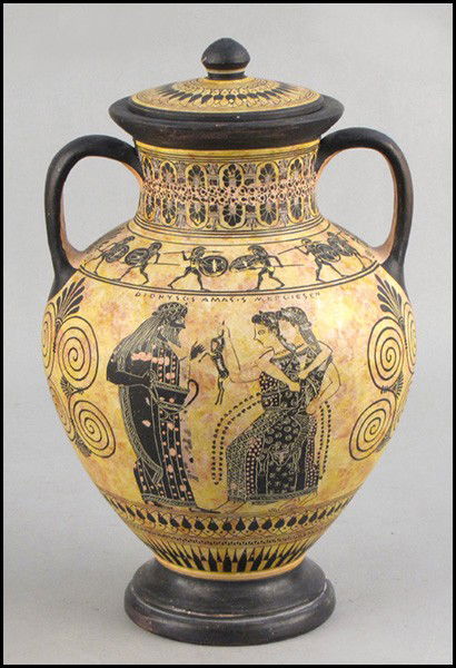 20TH CENTURY GREEK POTTERY AMPHORA.: 20TH CENTURY GREEK POTTERY AMPHORA. Atelier Exekias, depicting scenes from Greek mythology Height: 14.5"