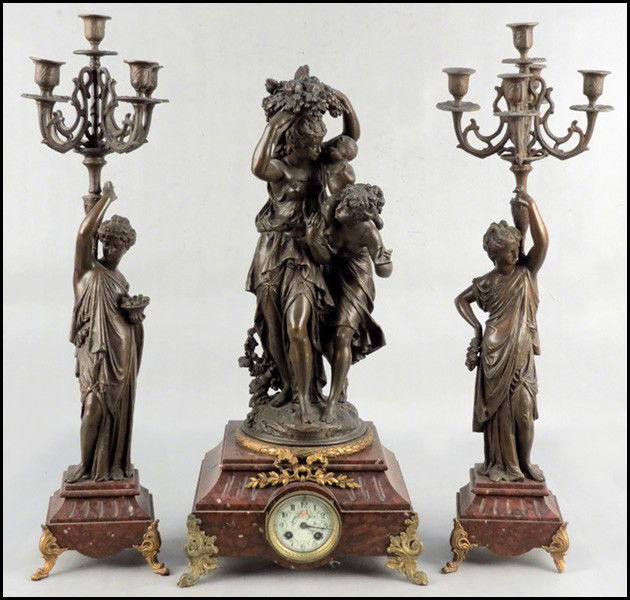 FRENCH THREE PIECE CLOCK GARNITURE SET.: FRENCH THREE PIECE CLOCK GARNITURE SET.