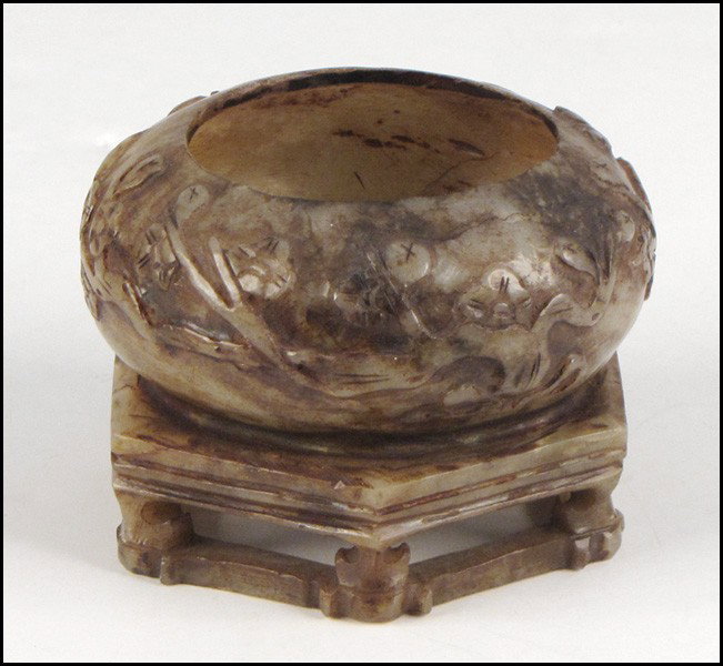 CARVED SOAPSTONE BRUSH POT.: CARVED SOAPSTONE BRUSH POT. H:3"