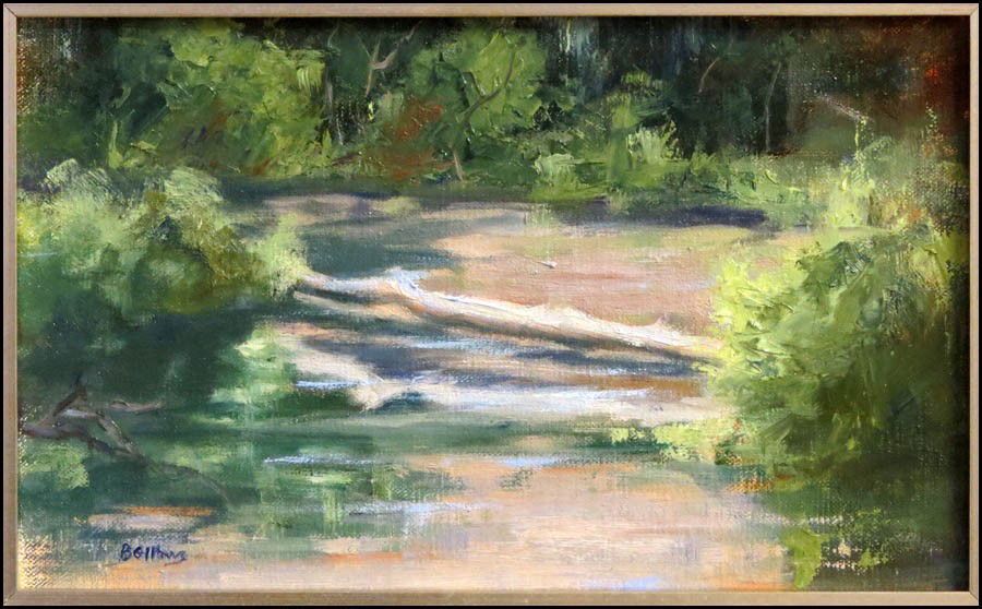 JAYNE BELLOWS (20TH CENTURY) THE FALLEN TREE.: JAYNE BELLOWS (20TH CENTURY) THE FALLEN TREE. Oil on canvas, laid to board. Signed LL Board: 7" x 11"