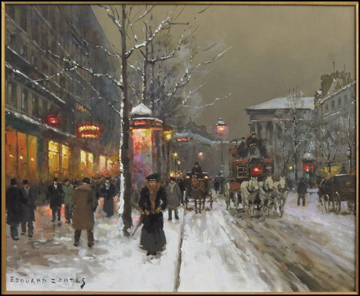 EDOUARD CORTES (FRENCH 1882-1969) BOULEVARD DE: EDOUARD CORTES (FRENCH 1882-1969) BOULEVARD DE LA MADELEINE IN WINTER. Oil on canvas, signed lower left; Frame: 26" x 29.75" 18" x 21.75"