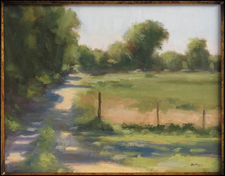 JAYNE BELLOWS (20TH CENTURY) THE COUNTRY PATH.: JAYNE BELLOWS (20TH CENTURY) THE COUNTRY PATH. Oil on canvas, laid to board. Signed LR Board: 11" x 14"
