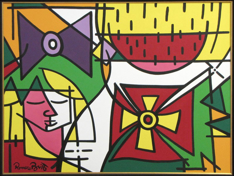 ROMERO BRITTO (BRAZILIAN, B.1963) WATERMELON, : ROMERO BRITTO (BRAZILIAN, B.1963) WATERMELON, 1998. Acrylic on canvas, signed lower left; Additionally signed, titled and insicribed 'Miami 1998' on the reverse; Frame: 45.25" x 57" 36" x 48"