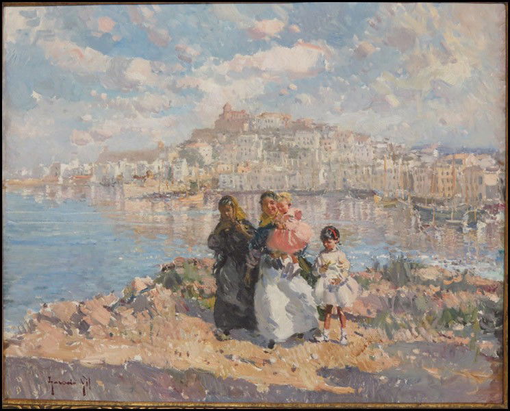 IGNACIO GIL Y SALA (SPANISH 1913-2003) FIGURES: IGNACIO GIL Y SALA (SPANISH 1913-2003) FIGURES ALONG A COASTLINE. Oil on board, signed lower left 'Ignacio Gil;' Frame: 31.50" x 37.25" 23" x 29"