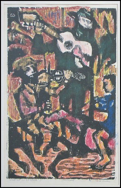 MAX KAHN (AMERICAN, B.1903) CAROUSEL.: MAX KAHN (AMERICAN, B.1903) CAROUSEL. Woodcut with oil and pastel hand coloring, signed 23.75"x16x.50"