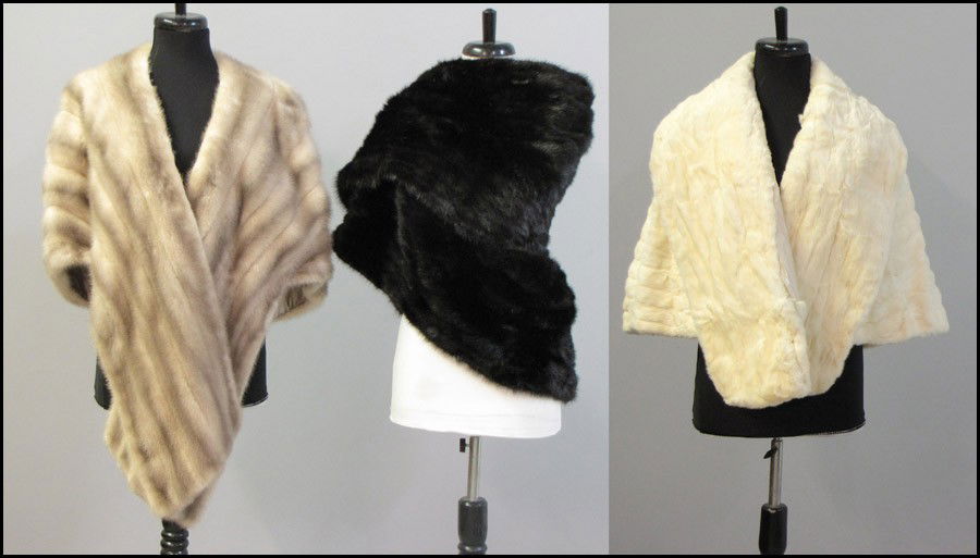 BLACK MINK WRAP.: BLACK MINK WRAP. Together with an ermine caplette, and a mink stole Black mink wrap: 80"
