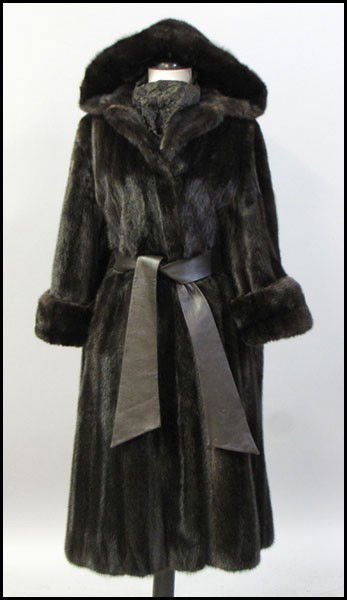 BLACK MINK 3/4 LENGTH HOODED COAT.: BLACK MINK 3/4 LENGTH HOODED COAT. With a leather belt, and scarf which matches the lining Approximately a size 6