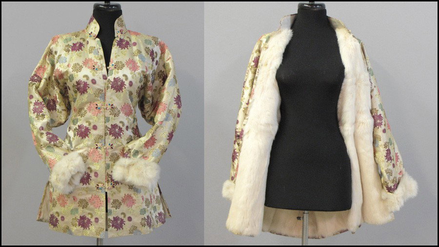 CHINESE EMBROIDERED SILK JACKET.: CHINESE EMBROIDERED SILK JACKET. Lined in rabbit fur