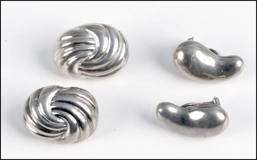 PAIR OF ELSA PERETTI FOR TIFFANY & CO STERLING : PAIR OF ELSA PERETTI FOR TIFFANY & CO STERLING SILVER BEAN EARCLIPS. Together with a pair of sterling silver basket weave clip/post earrings