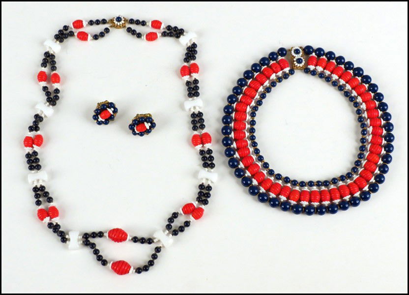 MIRIAM HASKELL PARURE.: MIRIAM HASKELL PARURE. Comprised of one red,white, and blue collar necklace, one double strand necklace, and one pair of screwback earclips