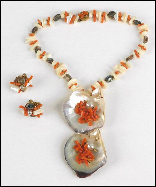 MIRIAM HASKELL SHELL AND FAUX CORAL PARURE.: MIRIAM HASKELL SHELL AND FAUX CORAL PARURE. Comprised of a necklace and pair of earclips
