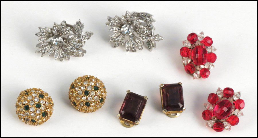 PAIR OF CHRISTIAN DIOR FOR KRAMER RHINESTONE TR: PAIR OF CHRISTIAN DIOR FOR KRAMER RHINESTONE TREMBLER EARCLIPS. In the form of flowers. Together with a pair of Alice Caviness green and white rhinestone earclips, one pair of unsigned red and white b
