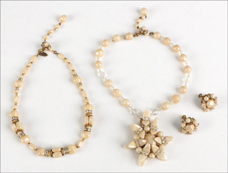 TWO MIRIAM HASKELL NECKLACES.: TWO MIRIAM HASKELL NECKLACES. Together with a pair of Miriam Haskell earclips