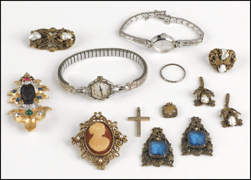 JOMAZ BLACKAMOOR RHINESTONE BROOCH.: JOMAZ BLACKAMOOR RHINESTONE BROOCH. Together with a cameo style pendant, an art nouveau pearl and metal ring, brooch, and pair of drops, and two lady's watches, and one cross pendant