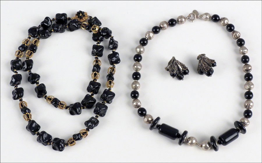 MIRIAM HASKELL BLACK NUGGET BEAD NECKLACE.: MIRIAM HASKELL BLACK NUGGET BEAD NECKLACE. Together with a Miriam Haskell black and silver bead necklace, and a pair of Miriam Haskell earclips