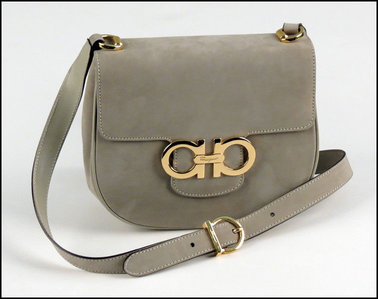 SALVATORE FERRAGAMO GREY SUEDE HANDBAG.: SALVATORE FERRAGAMO GREY SUEDE HANDBAG. 6.5" x 7.5"
