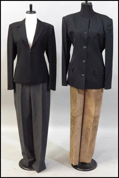 GUCCI TWO PIECE ENSEMBLE.: GUCCI TWO PIECE ENSEMBLE. Comprised of a navy blue wool jacket, and pair of tan suede pants. Together with a Versace black wool jacket, and pair of Gucci grey wool pants Sizes: 42-44-46