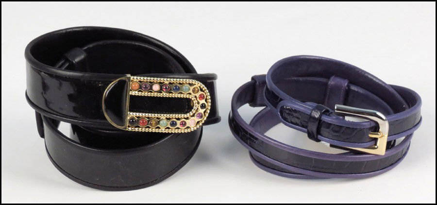 TWO JUDITH LEIBER BELTS.: TWO JUDITH LEIBER BELTS. Comprised of one purple alligator belt, and one black patent leather belt